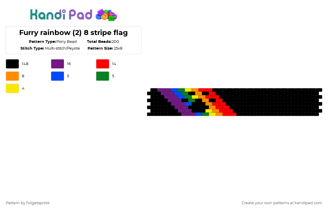 Furry rainbow (2) 8 stripe flag - Pony Bead Pattern by fidgetspride on Kandi Pad - black,pink,orange,red,pride,pride flag,furry