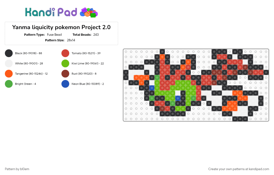 Yanma liquicity pokemon Project 2.0 - Fuse Bead Pattern by bl0em on Kandi Pad - black, green, red