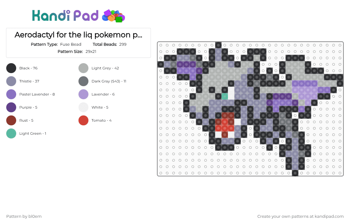 Aerodactyl for the liq pokemon project - Fuse Bead Pattern by bl0em on Kandi Pad - black,gray,beige