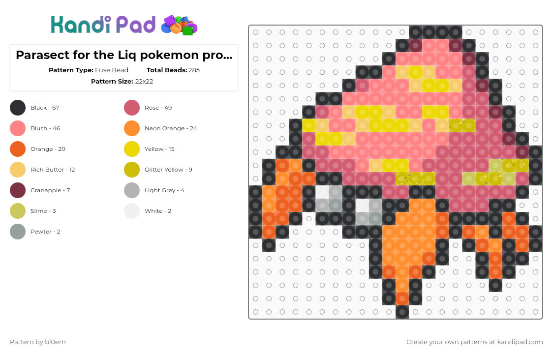 Parasect for the Liq pokemon project - Fuse Bead Pattern by bl0em on Kandi Pad - orange,red,yellow