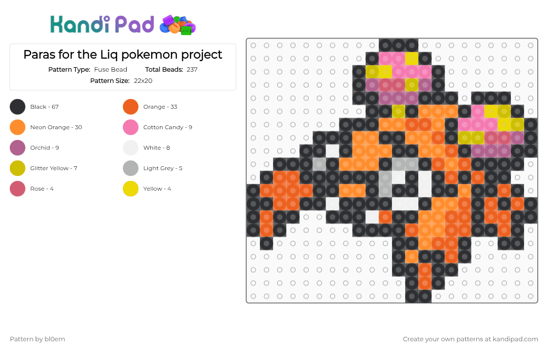 Paras for the Liq pokemon project - Fuse Bead Pattern by bl0em on Kandi Pad - black,orange