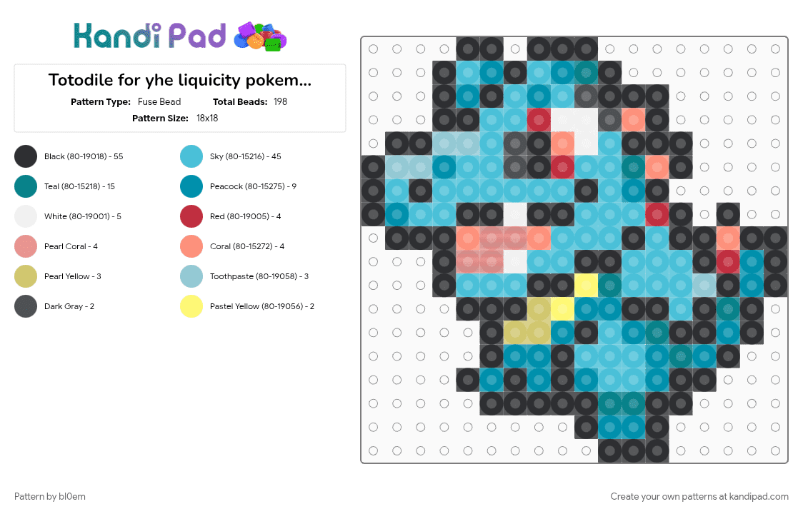 Totodile for yhe liquicity pokemon project - Fuse Bead Pattern by bl0em on Kandi Pad - black, light blue, teal