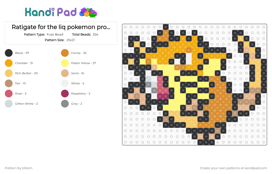 Ratigate for the liq pokemon project - Fuse Bead Pattern by bl0em on Kandi Pad - black,yellow,orange,beige