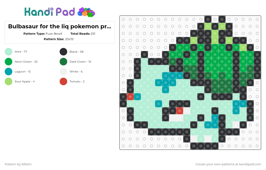 Bulbasaur for the liq pokemon project - Fuse Bead Pattern by bl0em on Kandi Pad - green,light blue