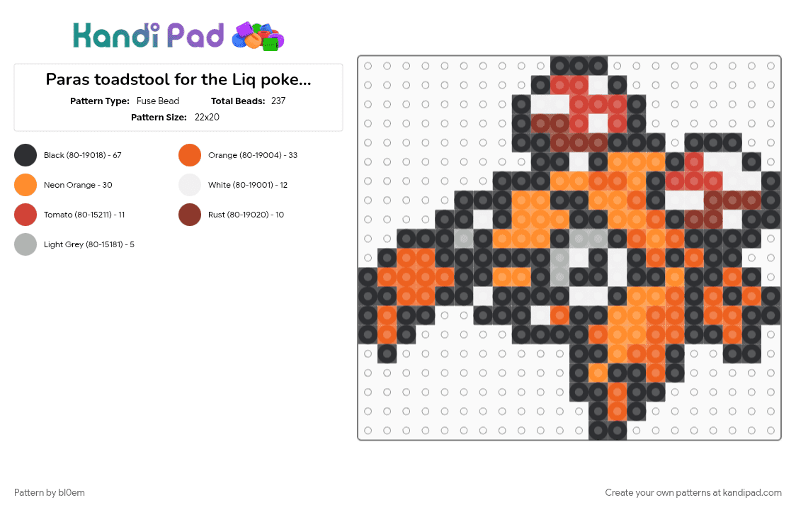 Paras toadstool for the Liq pokemon project - Fuse Bead Pattern by bl0em on Kandi Pad - black, orange