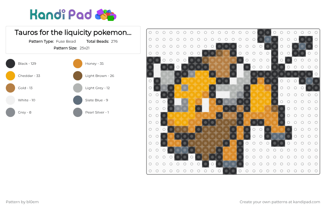Tauros for the liquicity pokemon project - Fuse Bead Pattern by bl0em on Kandi Pad - black,tan,orange