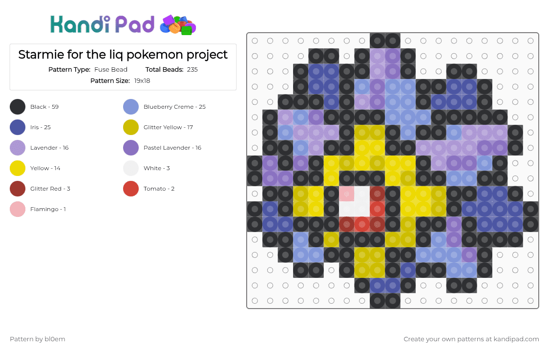 Starmie for the liq pokemon project - Fuse Bead Pattern by bl0em on Kandi Pad - black,yellow,blue,purple,colorful