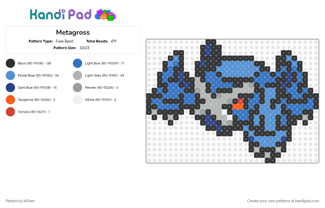 Metagross - Fuse Bead Pattern by bl0em on Kandi Pad - beige, black, blue, light blue