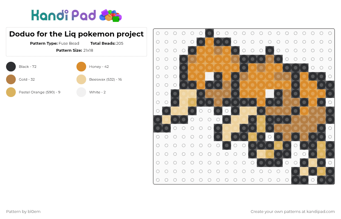 Doduo for the Liq pokemon project - Fuse Bead Pattern by bl0em on Kandi Pad - black, orange, tan