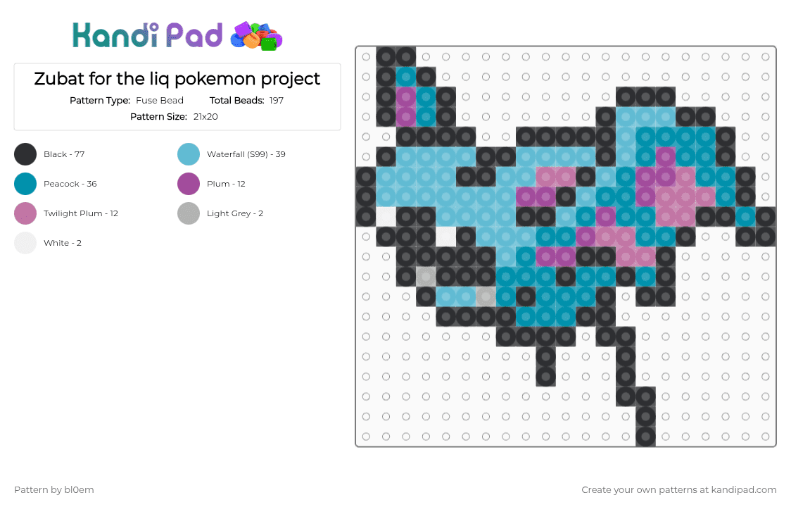 Zubat for the liq pokemon project - Fuse Bead Pattern by bl0em on Kandi Pad - black,light blue,teal