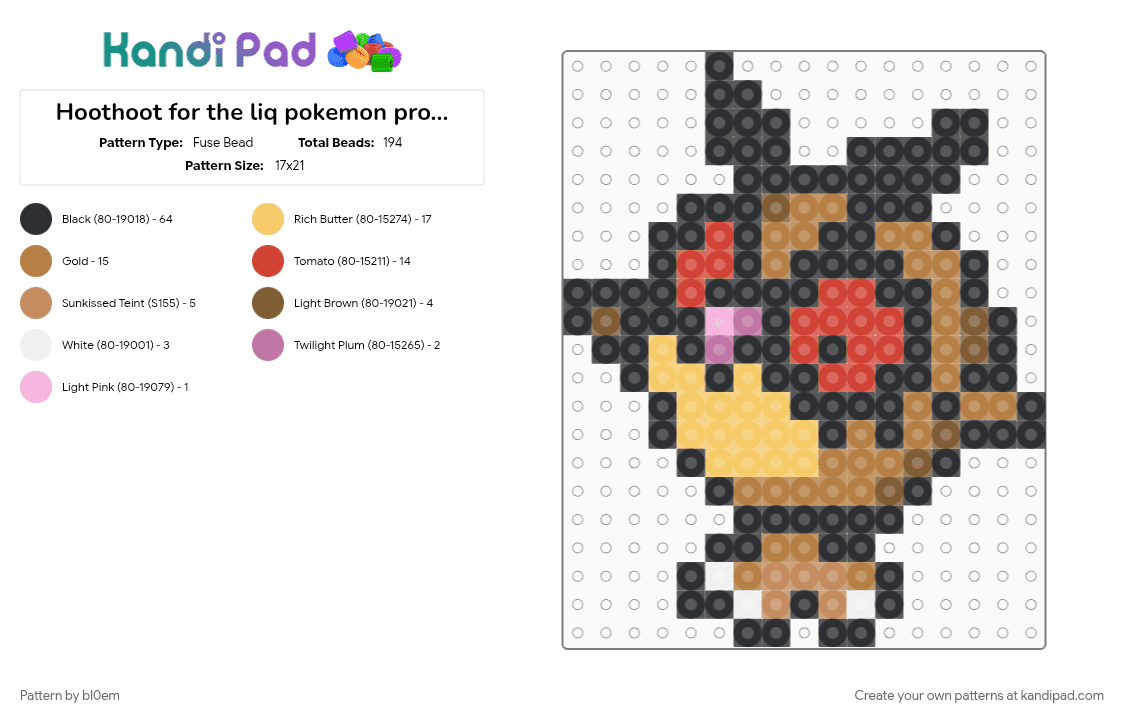 Hoothoot for the liq pokemon project 2.0 - Fuse Bead Pattern by bl0em on Kandi Pad - black, tan