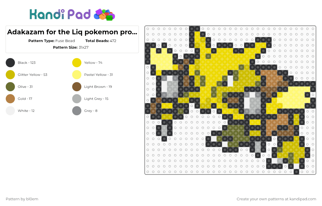 Adakazam for the Liq pokemon project - Fuse Bead Pattern by bl0em on Kandi Pad - black,yellow
