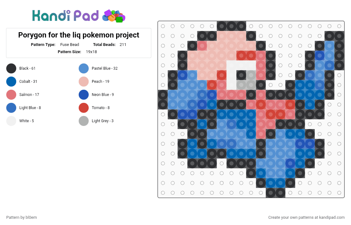 Porygon for the liq pokemon project - Fuse Bead Pattern by bl0em on Kandi Pad - blue,light blue