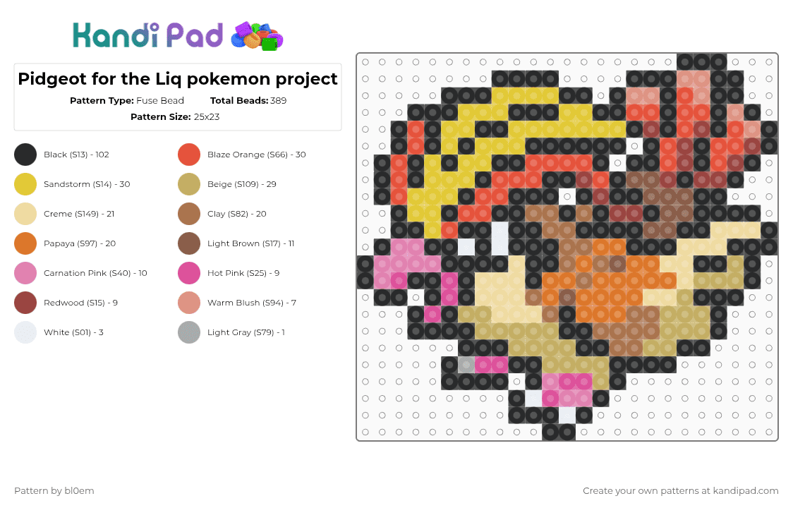 Pidgeot for the Liq pokemon project - Fuse Bead Pattern by bl0em on Kandi Pad - black,beige,red,yellow,colorful
