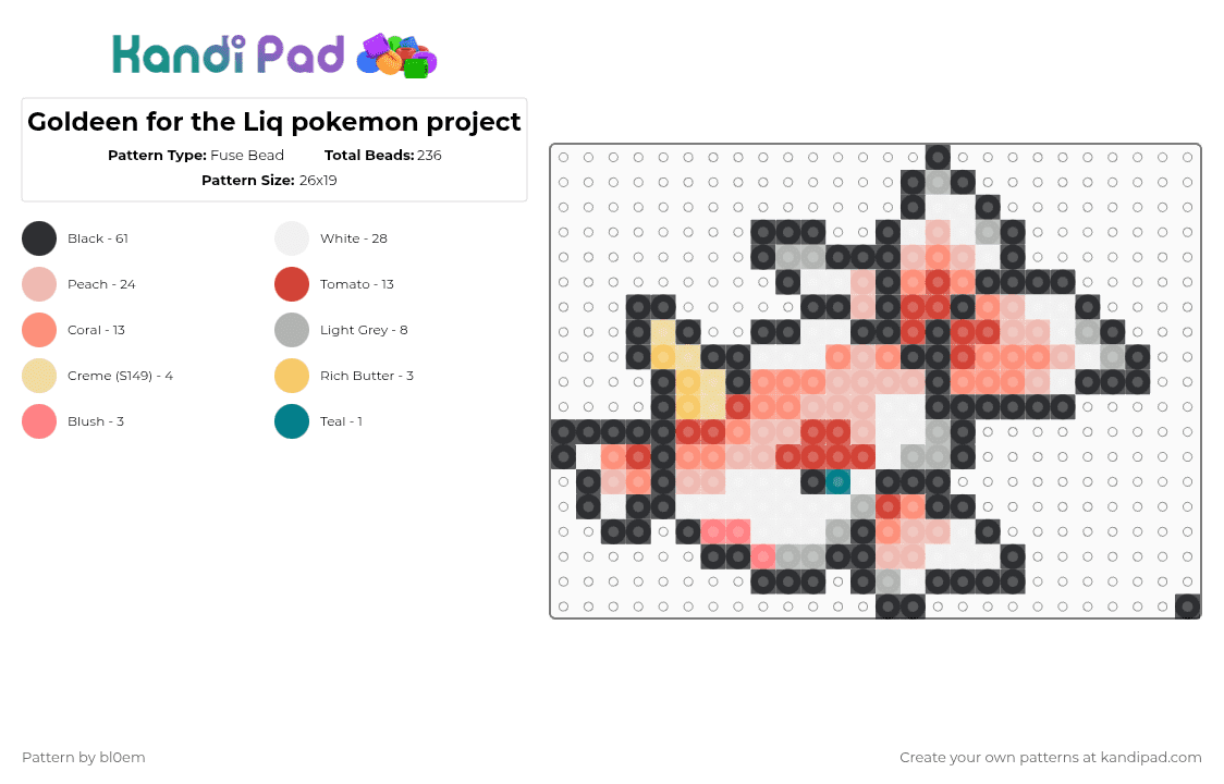 Goldeen for the Liq pokemon project - Fuse Bead Pattern by bl0em on Kandi Pad - orange,red,beige