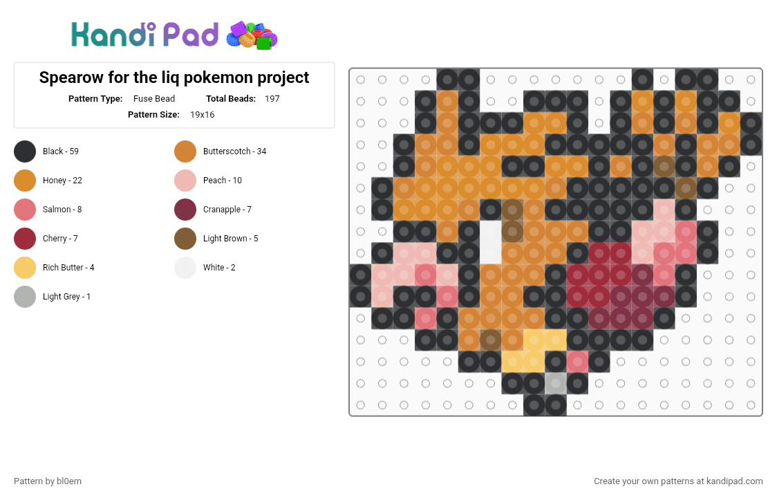 Spearow for the liq pokemon project - Fuse Bead Pattern by bl0em on Kandi Pad - black,red,orange