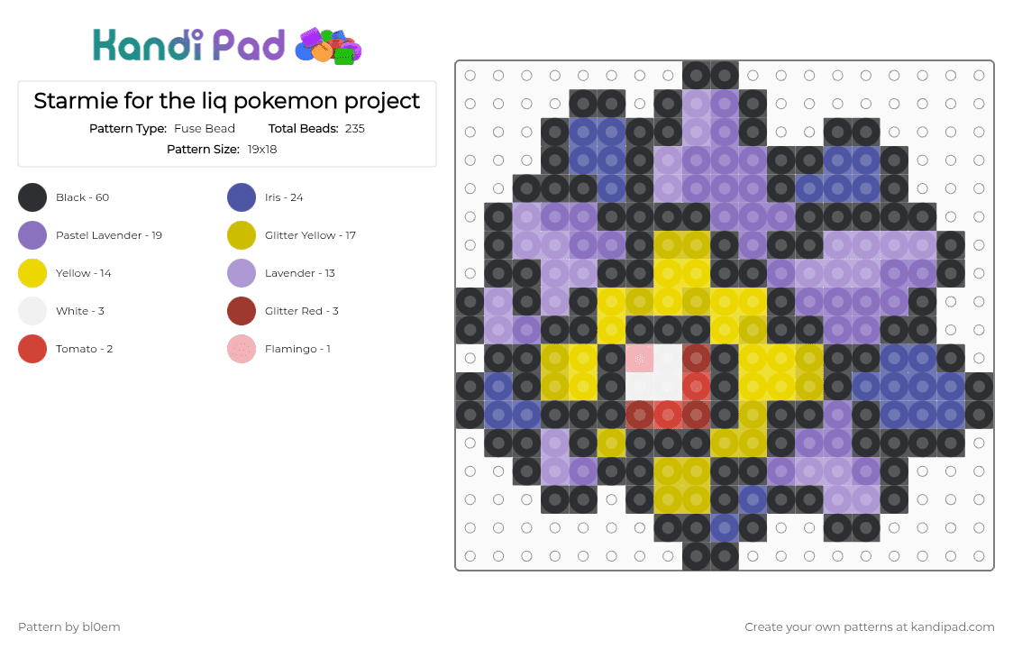 Starmie for the liq pokemon project - Fuse Bead Pattern by bl0em on Kandi Pad - black,yellow,blue,purple,colorful