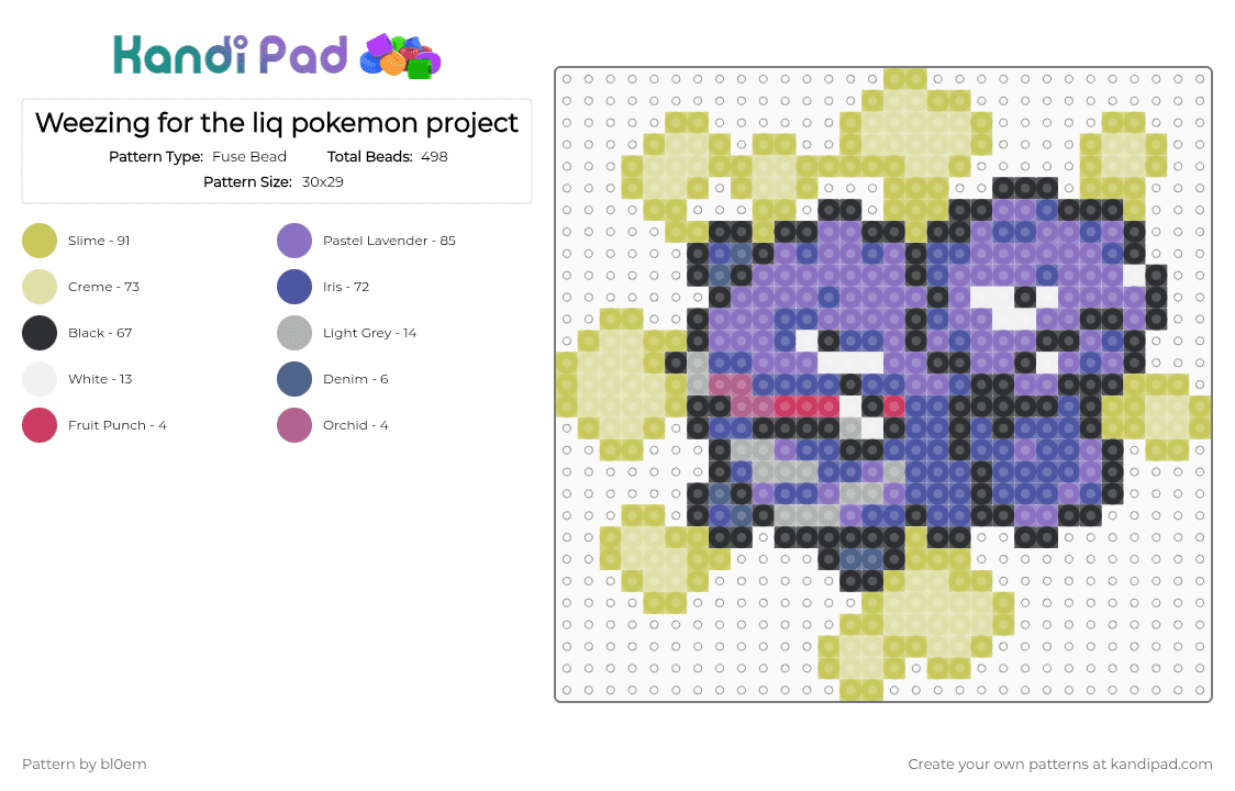 Weezing for the liq pokemon project - Fuse Bead Pattern by bl0em on Kandi Pad - green,yellow,purple,blue