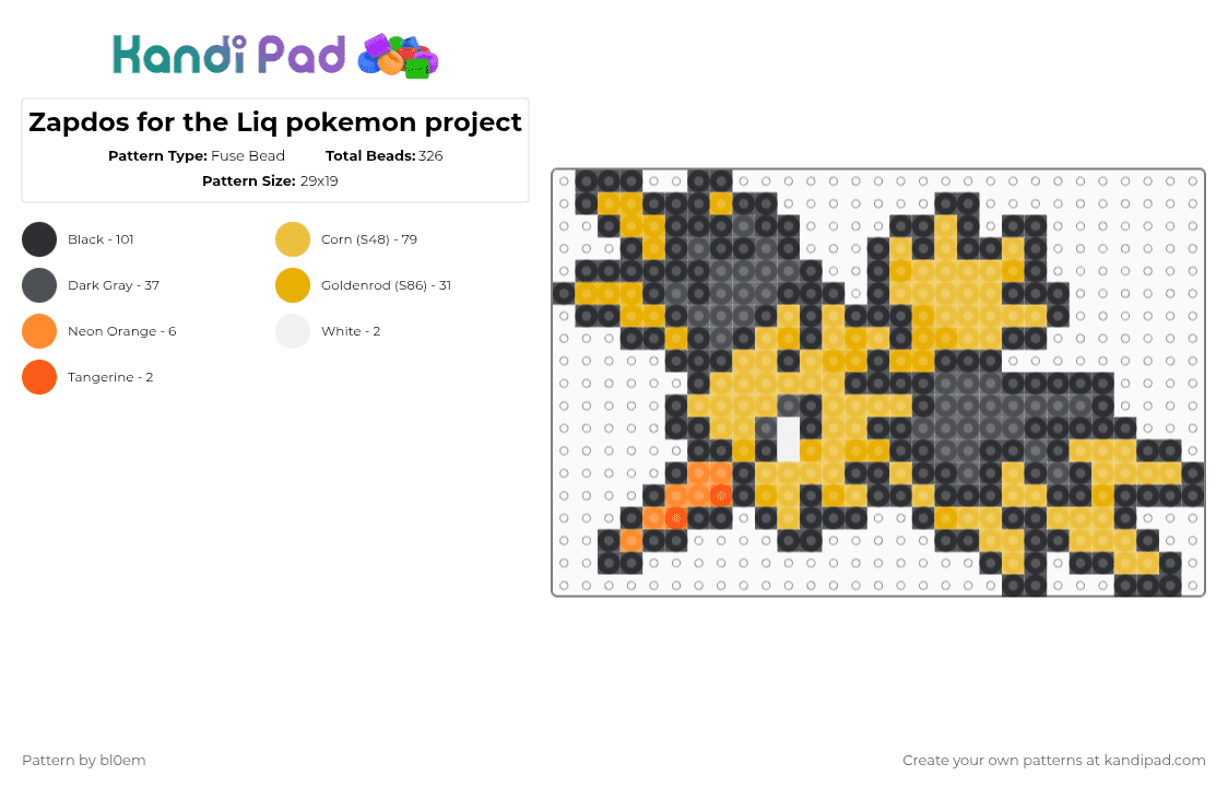 Zapdos for the Liq pokemon project - Fuse Bead Pattern by bl0em on Kandi Pad - black, yellow