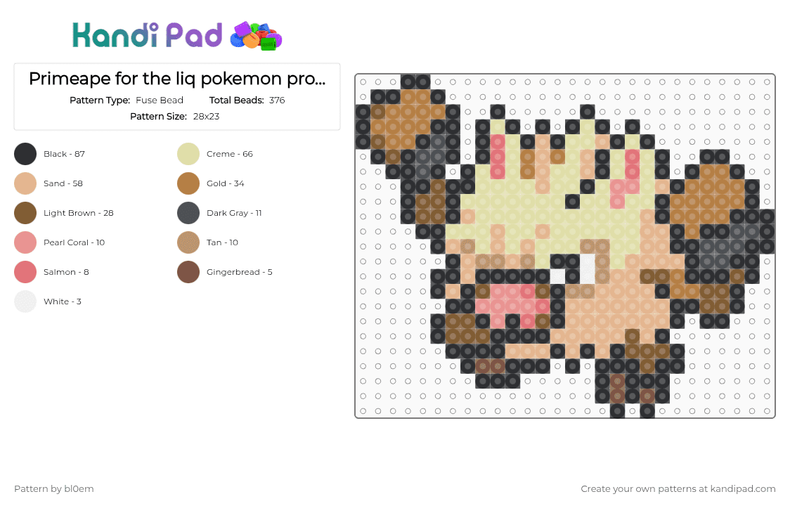 Primeape for the liq pokemon project - Fuse Bead Pattern by bl0em on Kandi Pad - yellow,tan,beige