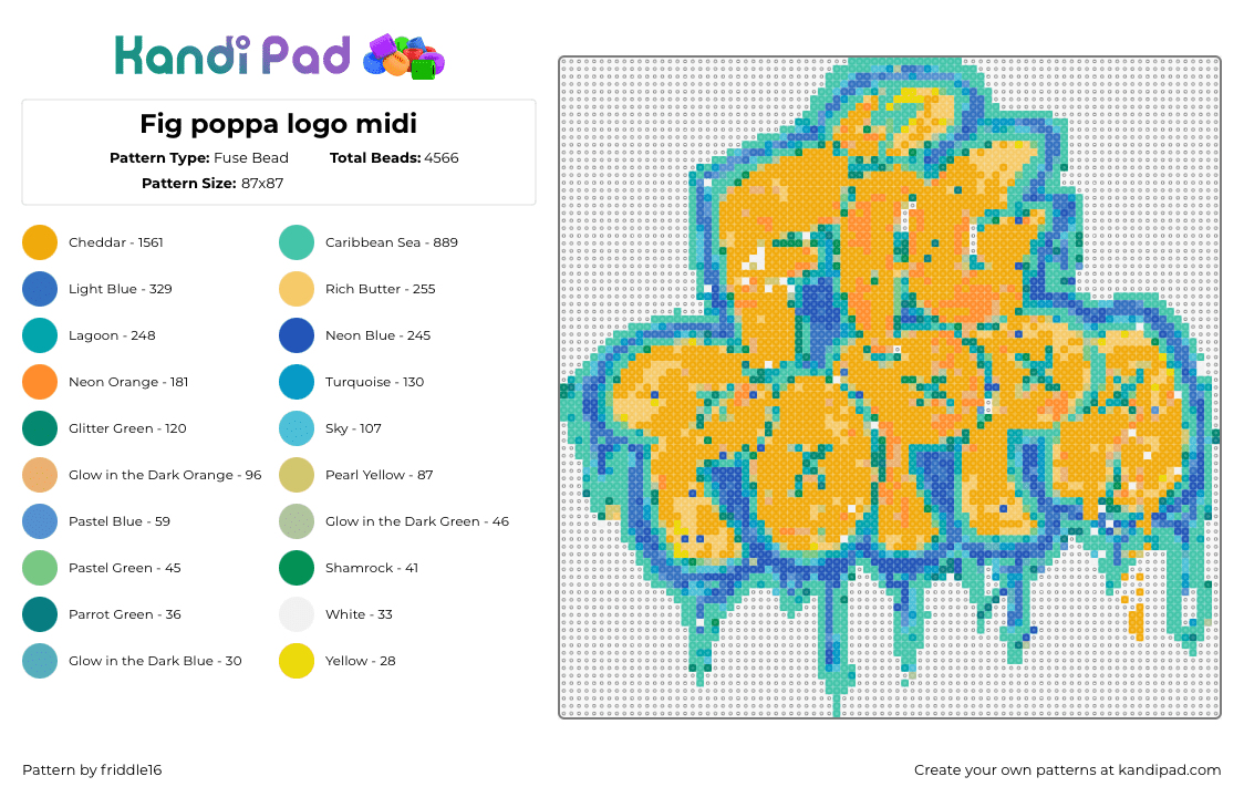 Fig poppa logo midi - Fuse Bead Pattern by friddle16 on Kandi Pad - fig poppa,logo,graffiti,drippy,yellow,blue,teal