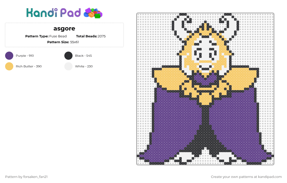 asgore - Fuse Bead Pattern by forsaken_fan21 on Kandi Pad - purple,yellow