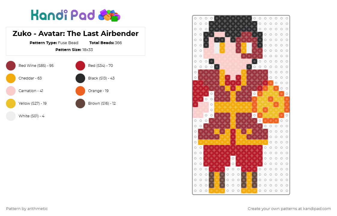 Zuko - Avatar: The Last Airbender - Fuse Bead Pattern by arithmetic on Kandi Pad - orange,red
