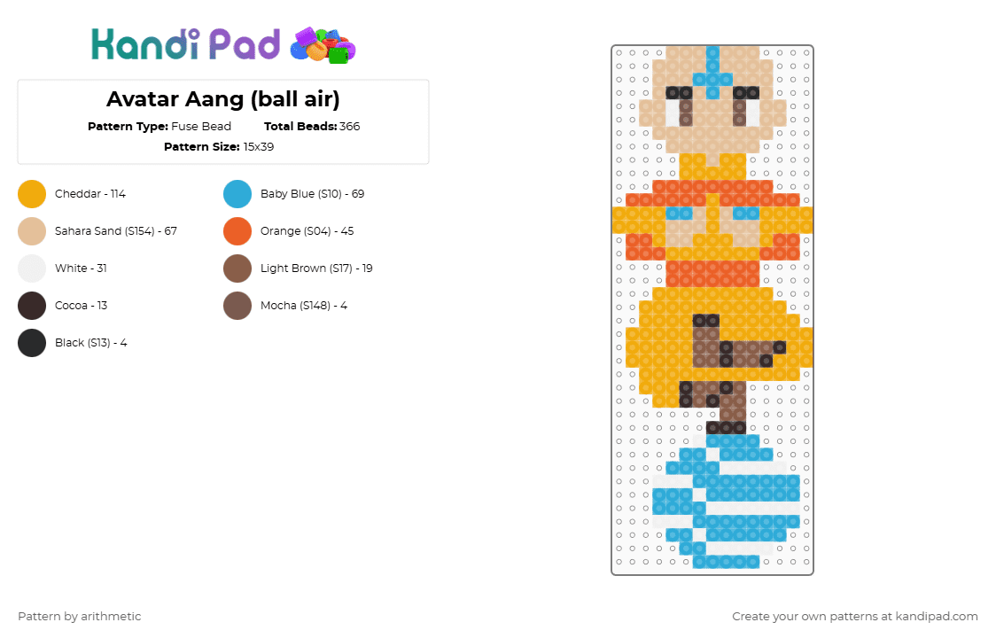 Avatar Aang (ball air) - Fuse Bead Pattern by arithmetic on Kandi Pad - light blue,orange,beige