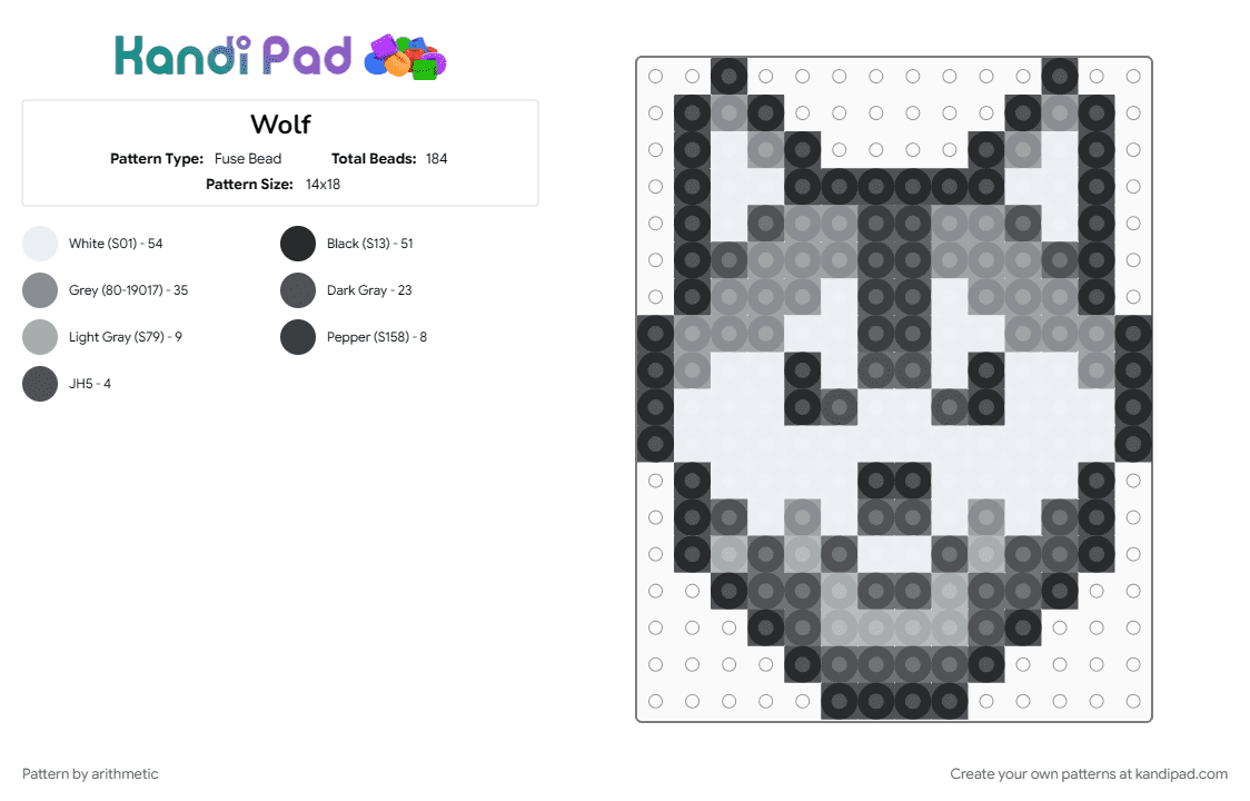 Wolf - Fuse Bead Pattern by arithmetic on Kandi Pad - animal, cotdwolves, gray, lobo, white, wolf