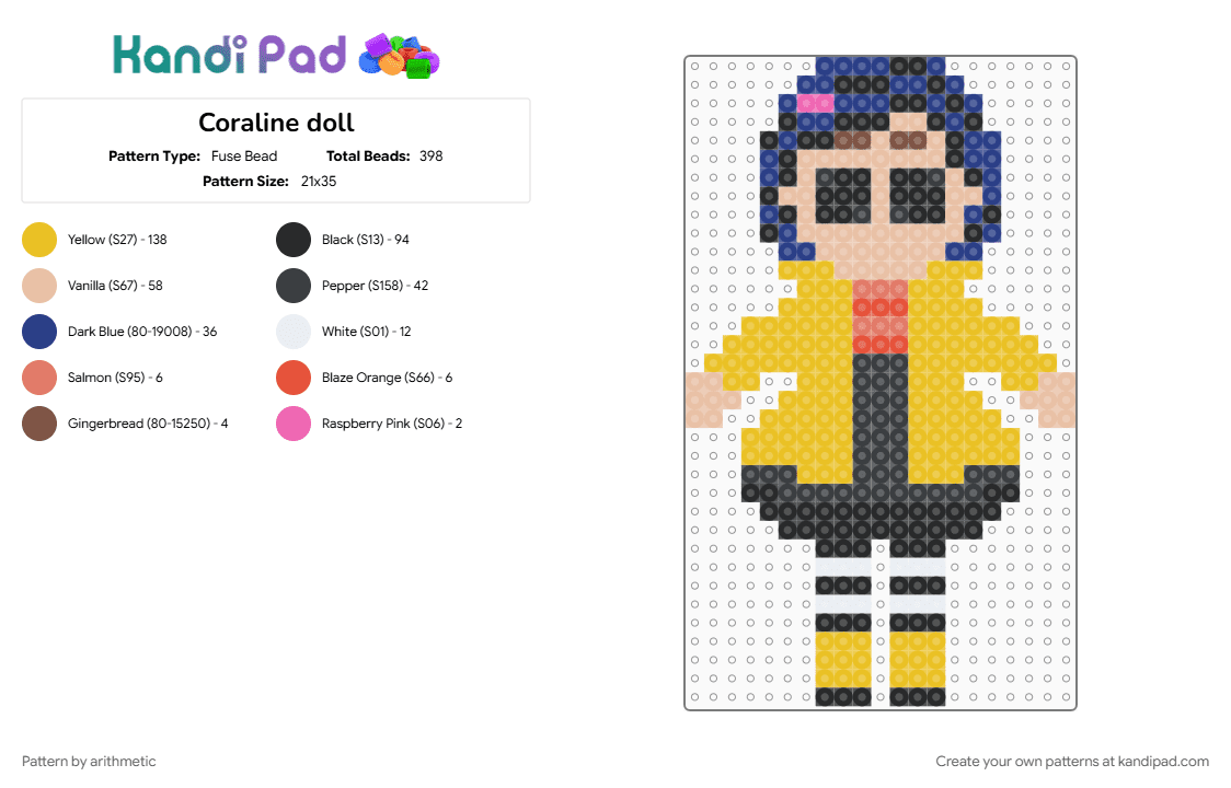 Coraline doll - Fuse Bead Pattern by arithmetic on Kandi Pad - animation, beige, blue, character, coraline, doll, film, yellow