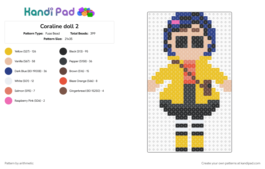 Coraline doll 2 - Fuse Bead Pattern by arithmetic on Kandi Pad - beige, blue, yellow