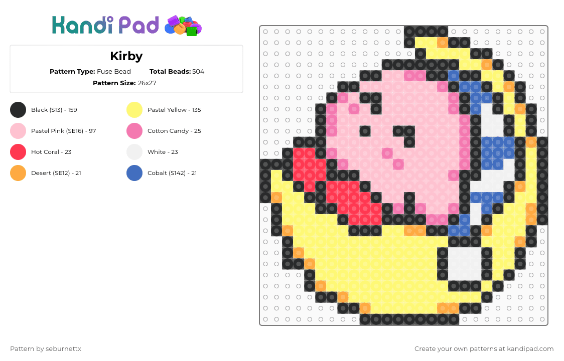 Kirby - Fuse Bead Pattern by seburnettx on Kandi Pad - pink,yellow