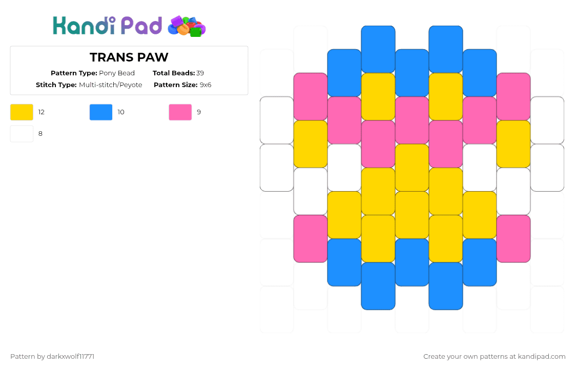 TRANS PAW - Pony Bead Pattern by darkxwolf11771 on Kandi Pad - light blue, yellow
