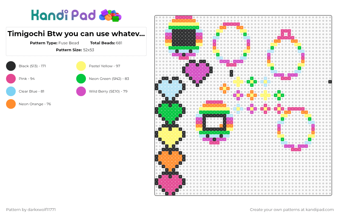 Timigochi Btw you can use whatever color you want - Fuse Bead Pattern by darkxwolf11771 on Kandi Pad - pink,yellow,cotdhue