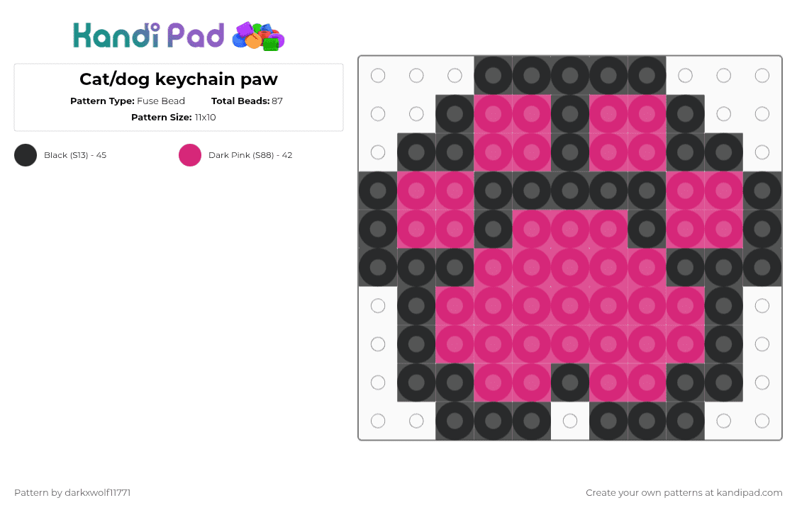 Cat/dog keychain paw - Fuse Bead Pattern by darkxwolf11771 on Kandi Pad - black,pink