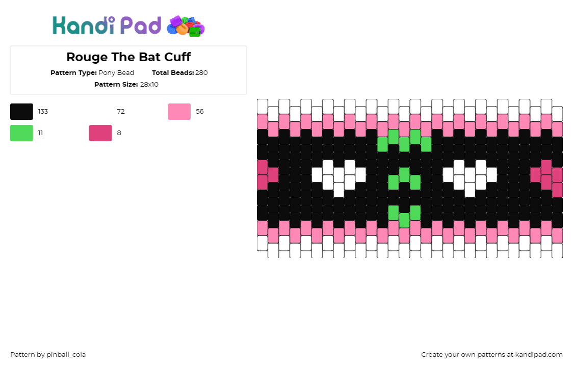 Rouge The Bat Cuff - Pony Bead Pattern by pinball_cola on Kandi Pad - rouge,sonic the hedgehog,video game,cuff,sega,black,pink