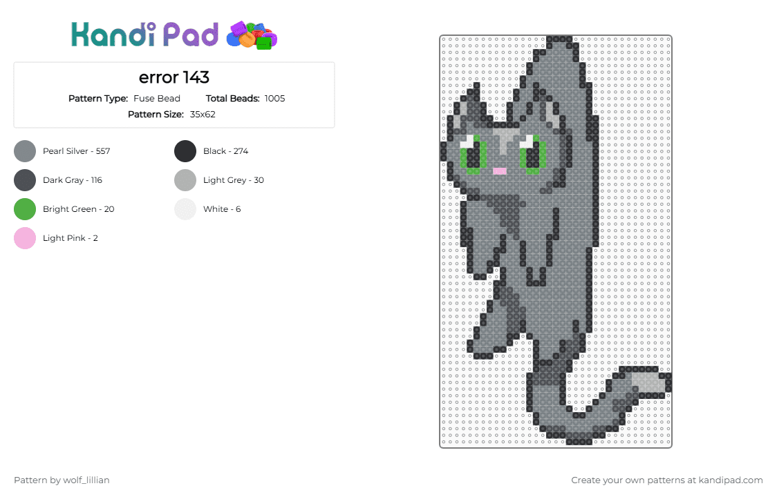 error 143 - Fuse Bead Pattern by wolf_lillian on Kandi Pad - cat,animal,gray