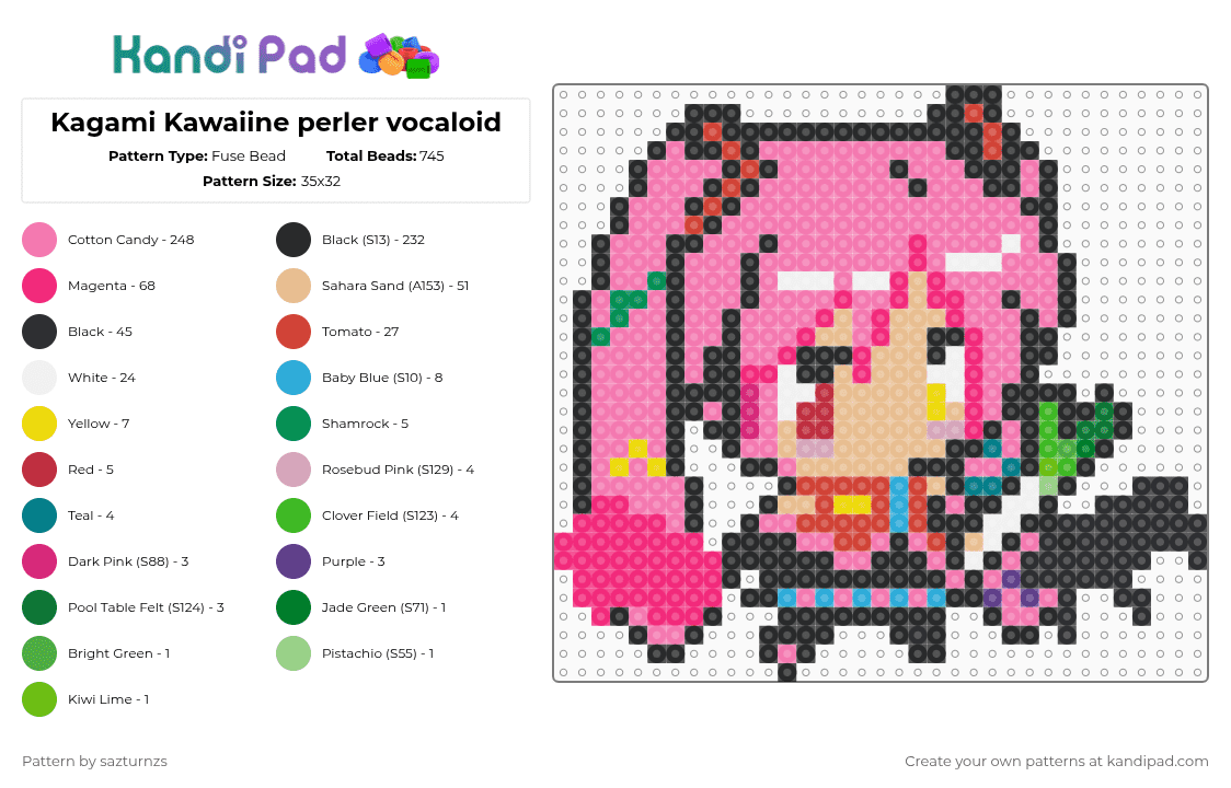 Kagami Kawaiine perler vocaloid - Fuse Bead Pattern by sazturnzs on Kandi Pad - pink,beige,vocaloid
