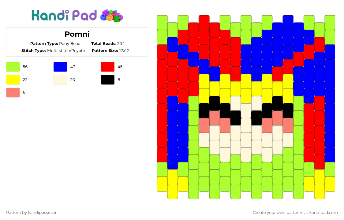 Pomni - Pony Bead Pattern by kandipassuser on Kandi Pad - red,purple,green