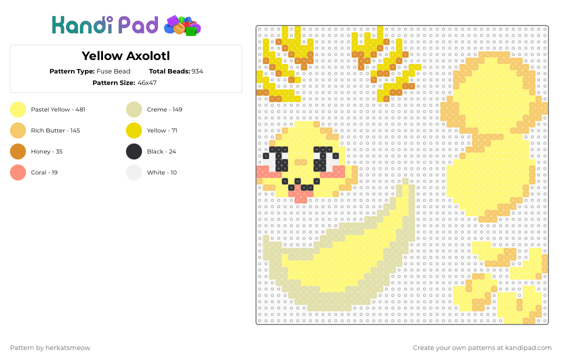 Yellow Axolotl - Fuse Bead Pattern by herkatsmeow on Kandi Pad - 3d, axolotl, cute, yellow