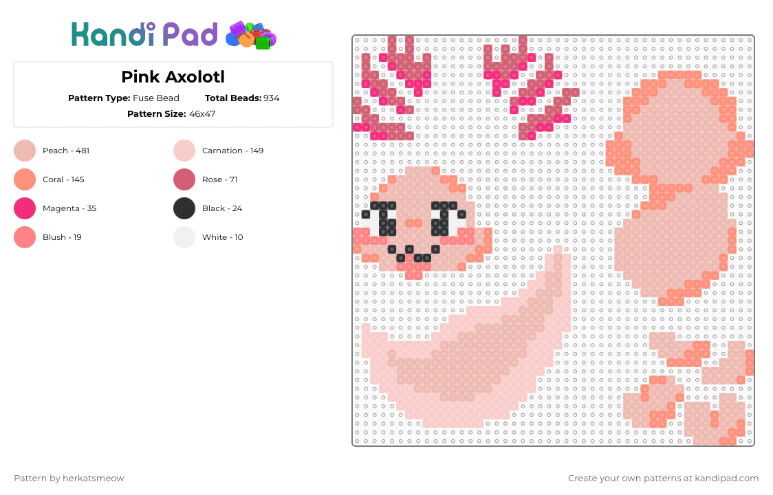Pink Axolotl - Fuse Bead Pattern by herkatsmeow on Kandi Pad - 3d, axolotl, beige, cute, yellow