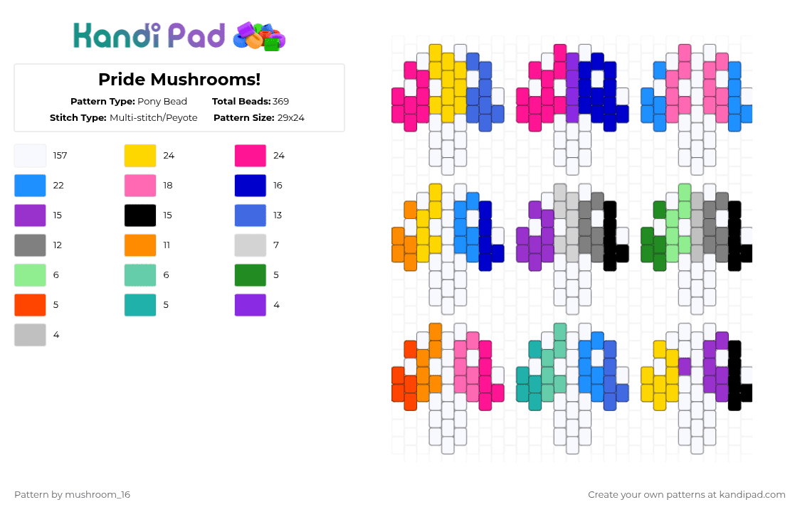 Pride Mushrooms! - Pony Bead Pattern by mushroom_16 on Kandi Pad - white,pink,purple,light blue,colorful,mushroom,aroace,pride,lesbian,gay,bi,pan,nonbinary