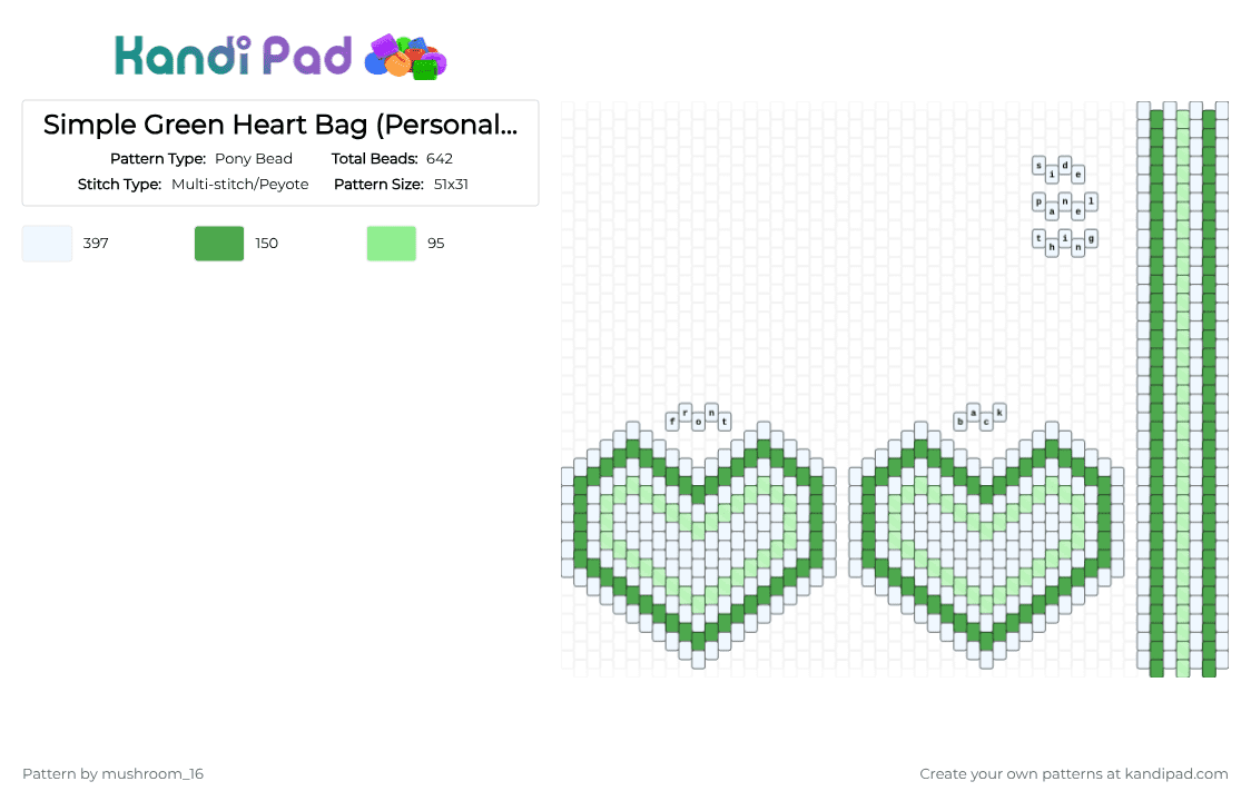 Simple Green Heart Bag (Personal Project) - Pony Bead Pattern by mushroom_16 on Kandi Pad - white,green,teal,heart,heart bag,bag,personal project,simple