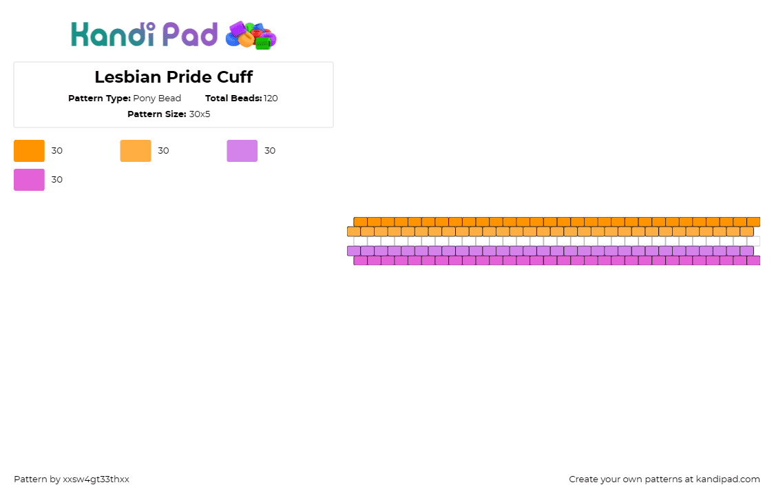 Lesbian Pride Cuff - Pony Bead Pattern by xxsw4gt33thxx on Kandi Pad - lesbian,pride,bracelet,cuff,horizontal,stripes,orange,pink