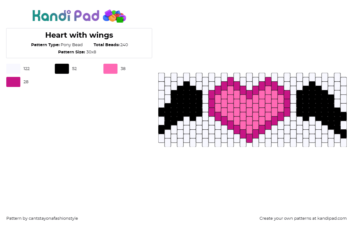 Heart with wings - Pony Bead Pattern by cantstayonafashionstyle on Kandi Pad - heart,wings,cuff,love,freedom,flying,romantic,emblem,pink