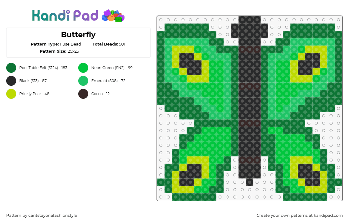 Butterfly - Fuse Bead Pattern by cantstayonafashionstyle on Kandi Pad - butterfly,moth,insect,nature,symmetry,wings,vibrant,green