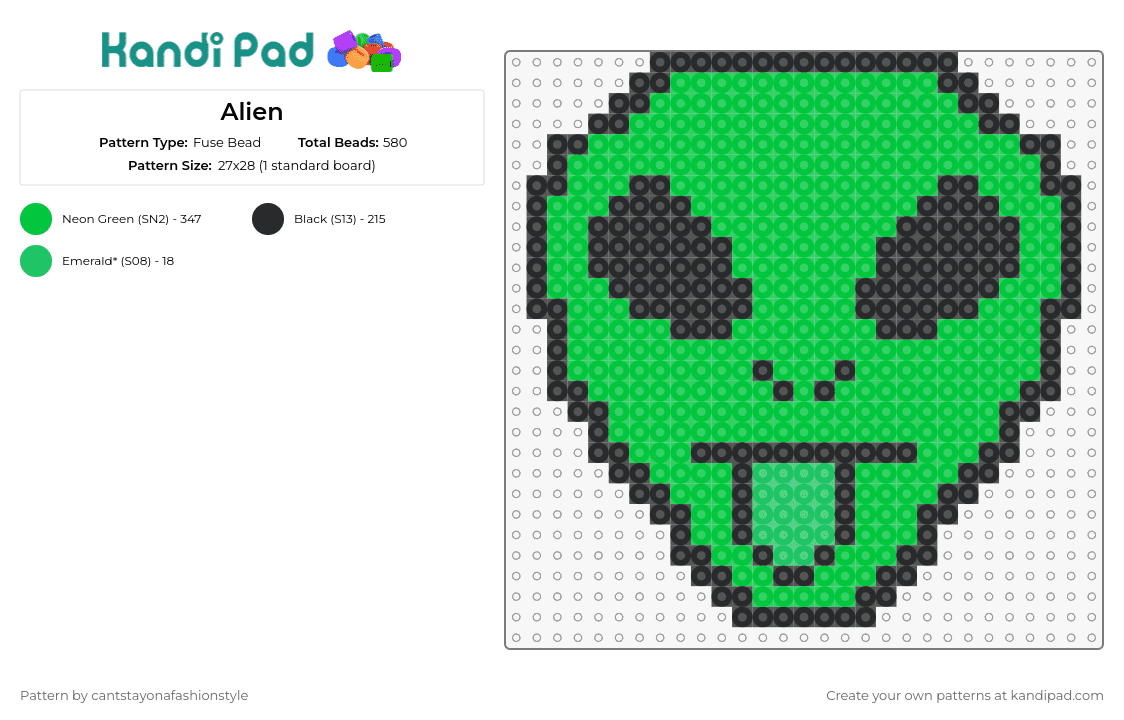 Alien - Fuse Bead Pattern by cantstayonafashionstyle on Kandi Pad - alien,extraterrestrial,space,face,motif,playful,green