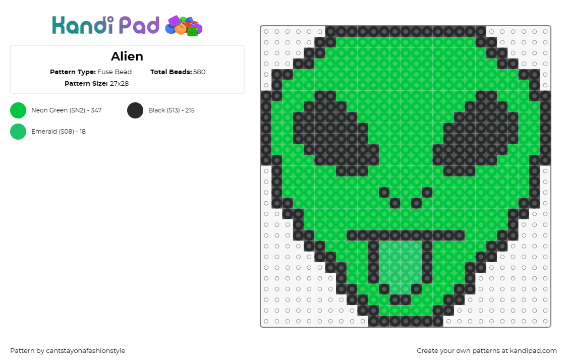 Alien - Fuse Bead Pattern by cantstayonafashionstyle on Kandi Pad - alien,extraterrestrial,space,face,motif,playful,green