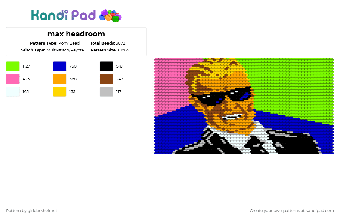 max headroom - Pony Bead Pattern by girldarkhelmet on Kandi Pad - purple,green,pink