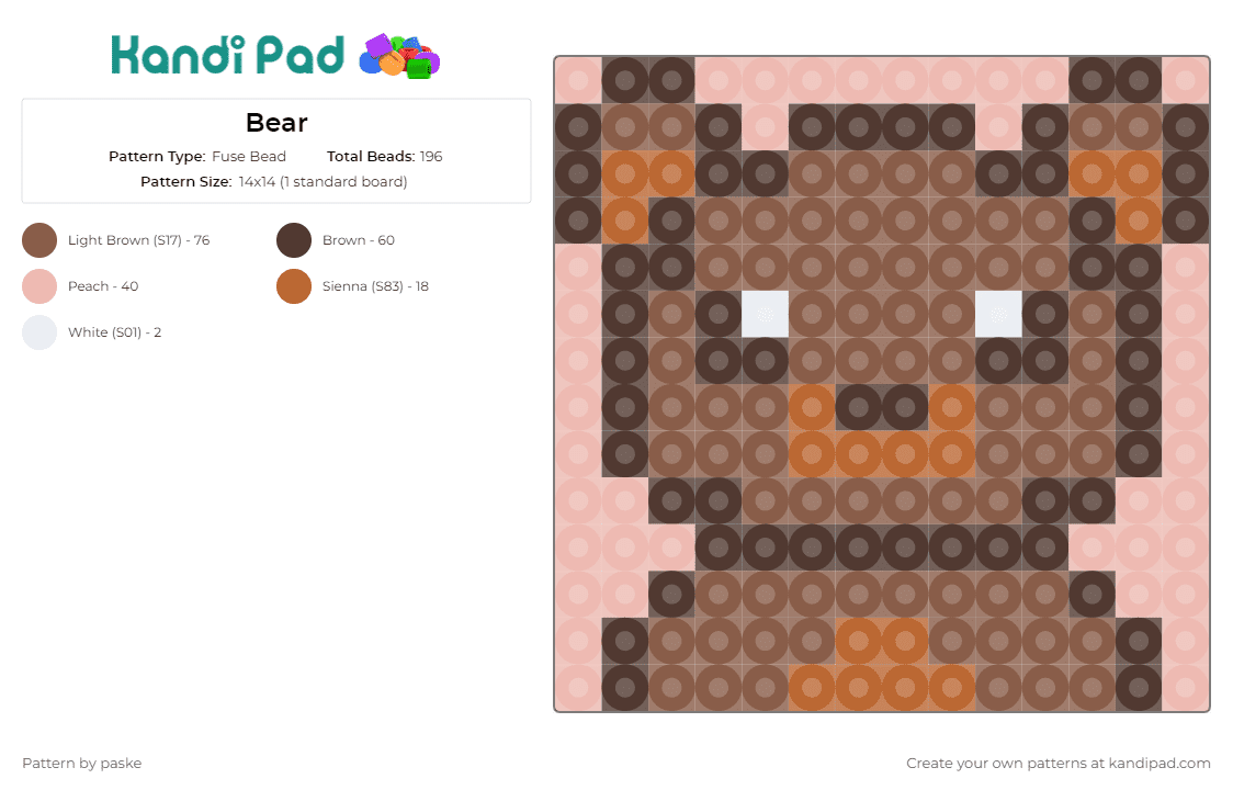 Bear - Fuse Bead Pattern by paske on Kandi Pad - bear,teddy,animal,cute,charm,cozy,endearing,brown